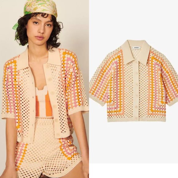 sandro sacramento crochet cardigan knit luke button down collared crop top - Picture 1 of 12